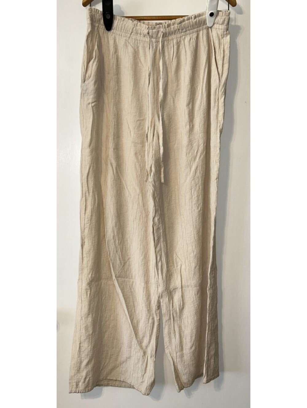 Zara Wide Leg Pants Womens XL Cream Crinkle Drawstring Elastic Waist flowy, boho